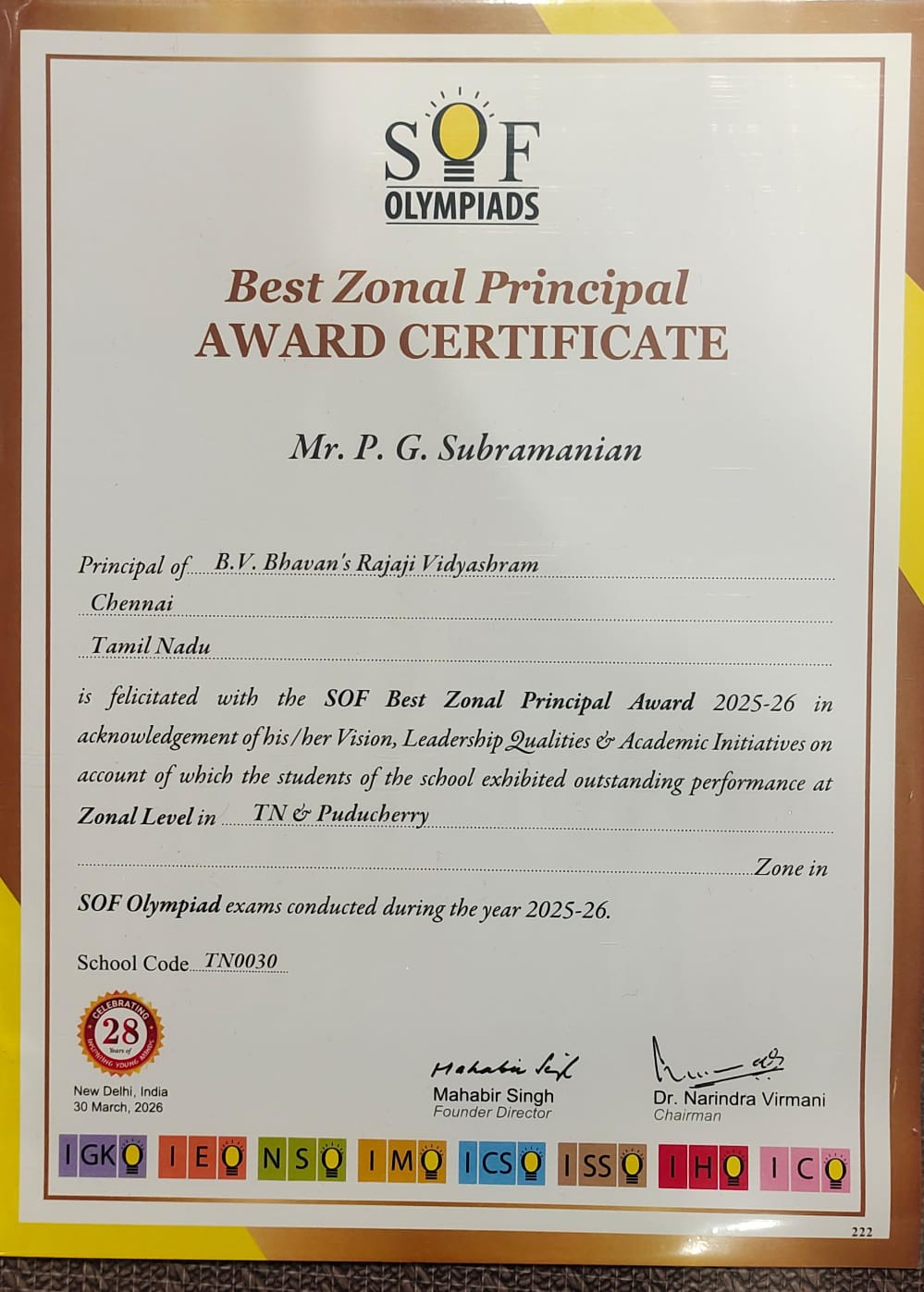 SOF Best Zonal Principal Award 2025–26